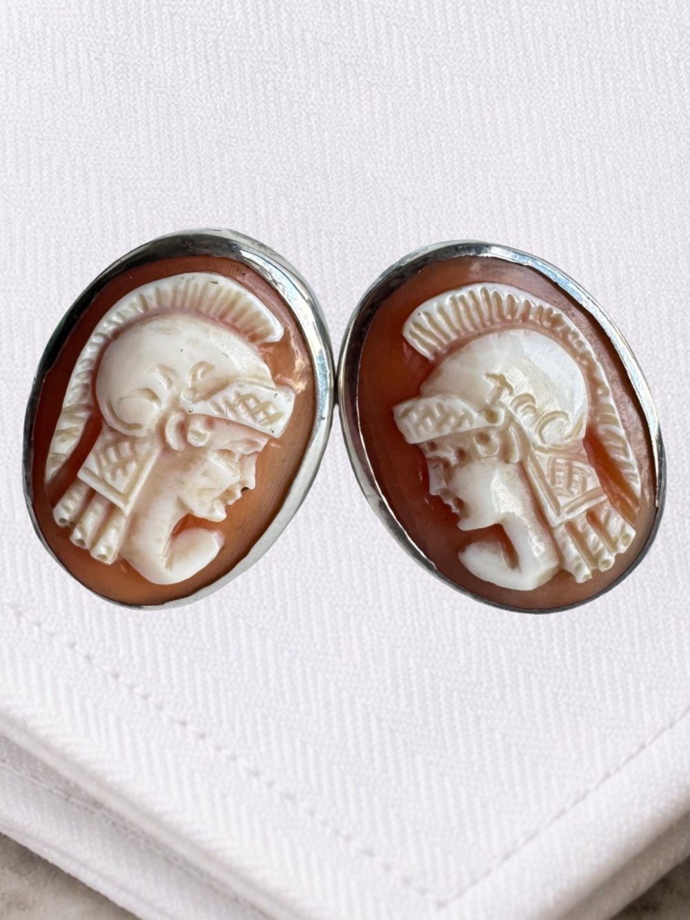 Italian Sterling Silver Shell Cameo Cufflinks Roman Soldier 925 Menswear Vintage